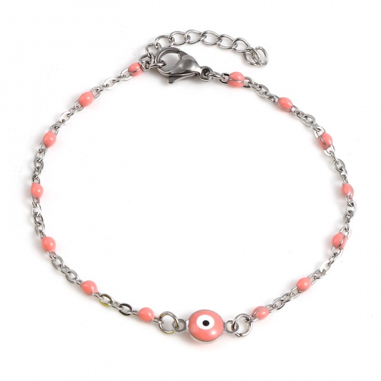 Picture of 304 Stainless Steel Religious Link Cable Chain Bracelets Silver Tone Peach Pink Round Evil Eye Enamel 17.5cm(6 7/8") long, 1 Piece