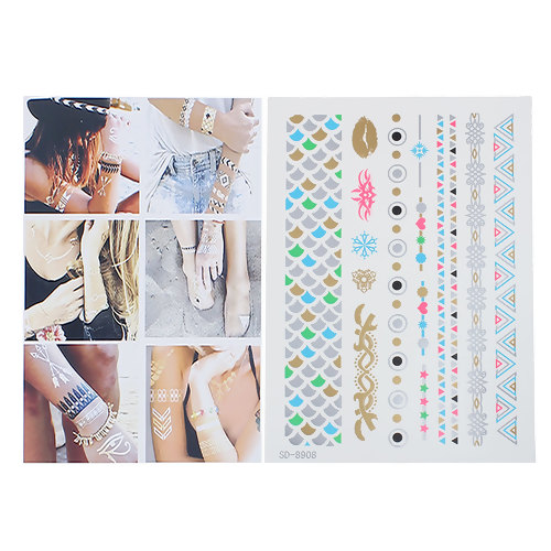 Picture of Removable Waterproof Metallic Temporary Tattoo Sticker Body Art Multicolor Mixed Pattern 21cm(8 2/8") x 15cm(5 7/8"), 1 Sheet