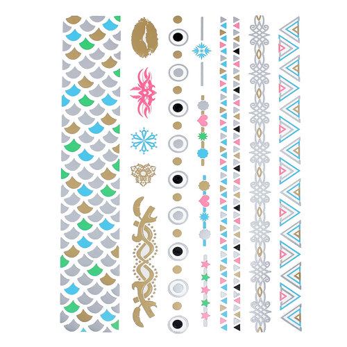 Picture of Removable Waterproof Metallic Temporary Tattoo Sticker Body Art Multicolor Mixed Pattern 21cm(8 2/8") x 15cm(5 7/8"), 1 Sheet