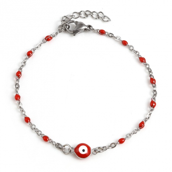 Picture of 304 Stainless Steel Religious Link Cable Chain Bracelets Silver Tone Red Round Evil Eye Enamel 17.5cm(6 7/8") long, 1 Piece