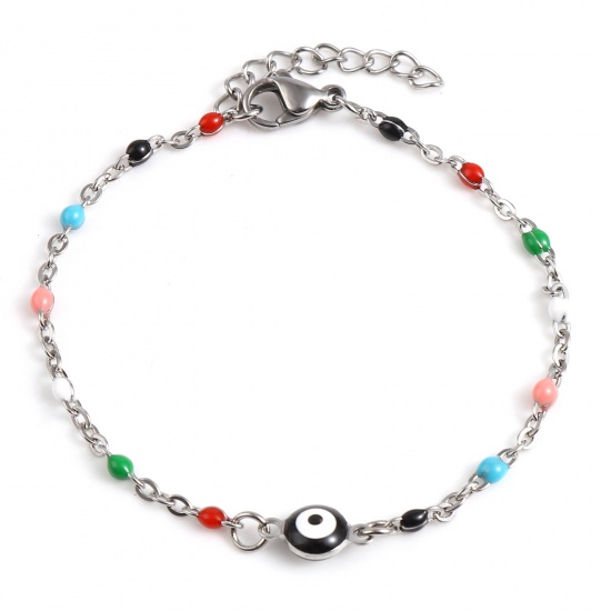 Picture of 304 Stainless Steel Religious Link Cable Chain Bracelets Silver Tone Multicolor Round Evil Eye Enamel 17.5cm(6 7/8") long, 1 Piece