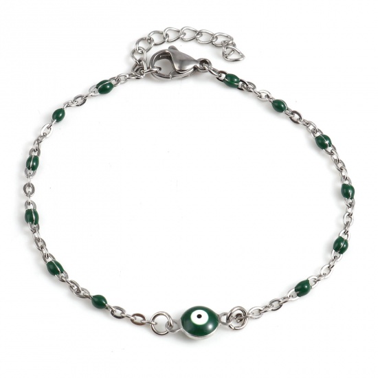 Picture of 304 Stainless Steel Religious Link Cable Chain Bracelets Silver Tone Dark Green Round Evil Eye Enamel 17.5cm(6 7/8") long, 1 Piece