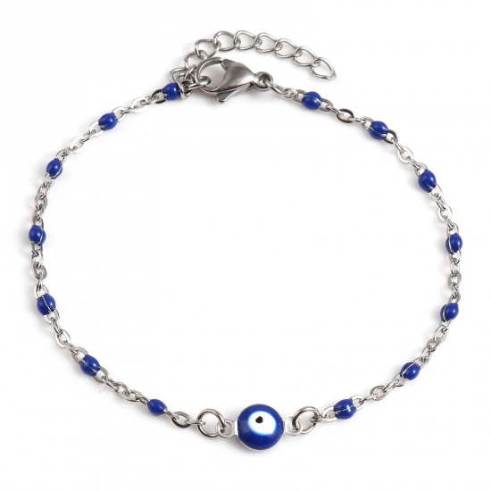 Picture of 304 Stainless Steel Religious Link Cable Chain Bracelets Silver Tone Dark Blue Round Evil Eye Enamel 17.5cm(6 7/8") long, 1 Piece