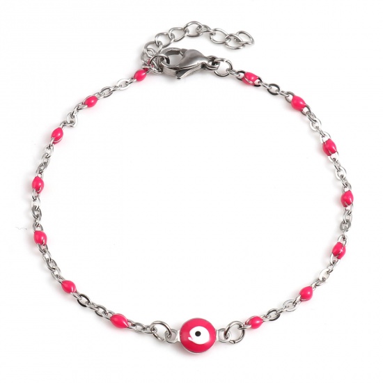 Picture of 304 Stainless Steel Religious Link Cable Chain Bracelets Silver Tone Fuchsia Round Evil Eye Enamel 17.5cm(6 7/8") long, 1 Piece