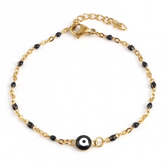 Picture of 304 Stainless Steel Religious Link Cable Chain Bracelets Gold Plated Black Round Evil Eye Enamel 17.5cm(6 7/8") long, 1 Piece