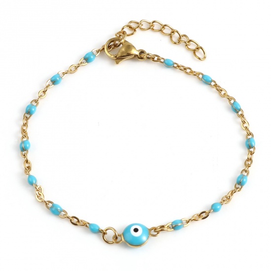 Picture of 304 Stainless Steel Religious Link Cable Chain Bracelets Gold Plated Blue Round Evil Eye Enamel 17.5cm(6 7/8") long, 1 Piece