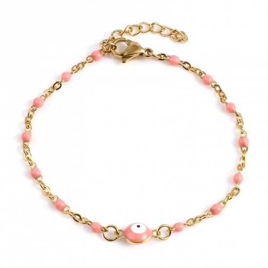 Picture of 304 Stainless Steel Religious Link Cable Chain Bracelets Gold Plated Peach Pink Round Evil Eye Enamel 17.5cm(6 7/8") long, 1 Piece