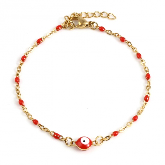 Picture of 304 Stainless Steel Religious Link Cable Chain Bracelets Gold Plated Red Round Evil Eye Enamel 17.5cm(6 7/8") long, 1 Piece