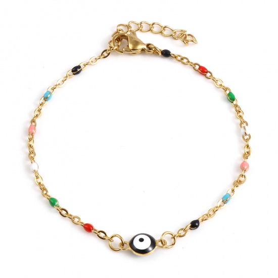 Picture of 304 Stainless Steel Religious Link Cable Chain Bracelets Gold Plated Multicolor Round Evil Eye Enamel 17.5cm(6 7/8") long, 1 Piece