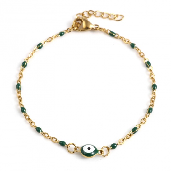 Picture of 304 Stainless Steel Religious Link Cable Chain Bracelets Gold Plated Dark Green Round Evil Eye Enamel 17.5cm(6 7/8") long, 1 Piece