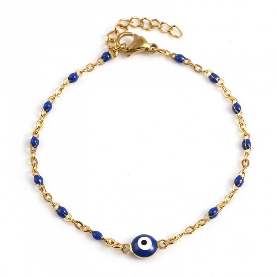 Picture of 304 Stainless Steel Religious Link Cable Chain Bracelets Gold Plated Dark Blue Round Evil Eye Enamel 17.5cm(6 7/8") long, 1 Piece