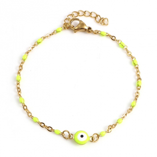 Picture of 304 Stainless Steel Religious Link Cable Chain Bracelets Gold Plated Neon Yellow Round Evil Eye Enamel 17.5cm(6 7/8") long, 1 Piece