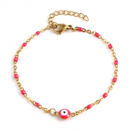Picture of 304 Stainless Steel Religious Link Cable Chain Bracelets Gold Plated Fuchsia Round Evil Eye Enamel 17.5cm(6 7/8") long, 1 Piece