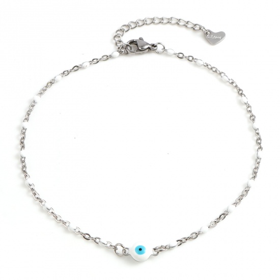 Picture of 304 Stainless Steel Religious Anklet Silver Tone White Enamel Round Evil Eye 25cm(9 7/8") long, 1 Piece