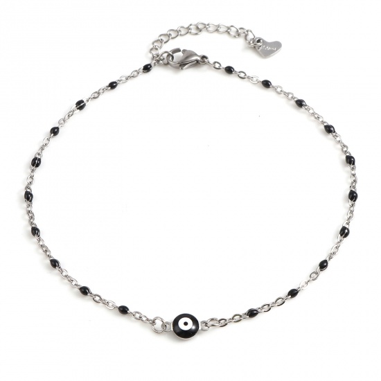 Picture of 304 Stainless Steel Religious Anklet Silver Tone Black Enamel Round Evil Eye 25cm(9 7/8") long, 1 Piece