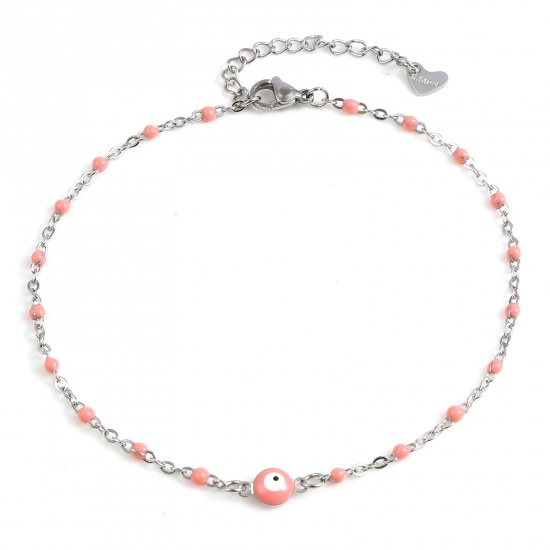 Picture of 304 Stainless Steel Religious Anklet Silver Tone Peach Pink Enamel Round Evil Eye 25cm(9 7/8") long, 1 Piece