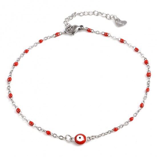Picture of 304 Stainless Steel Religious Anklet Silver Tone Red Enamel Round Evil Eye 25cm(9 7/8") long, 1 Piece