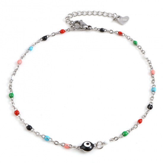 Picture of 304 Stainless Steel Religious Anklet Silver Tone Multicolor Enamel Round Evil Eye 25cm(9 7/8") long, 1 Piece