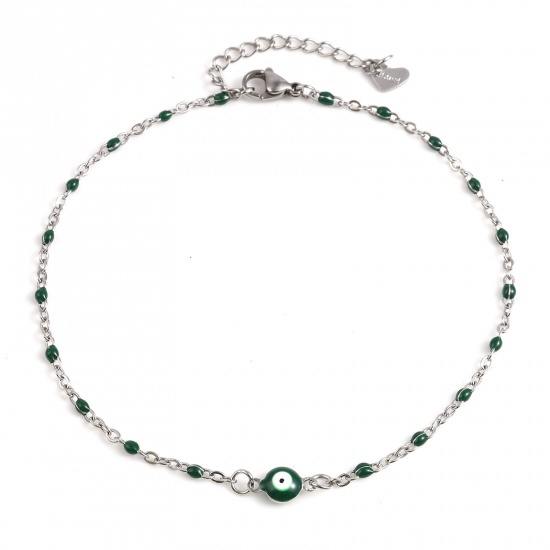 Picture of 304 Stainless Steel Religious Anklet Silver Tone Dark Green Enamel Round Evil Eye 25cm(9 7/8") long, 1 Piece
