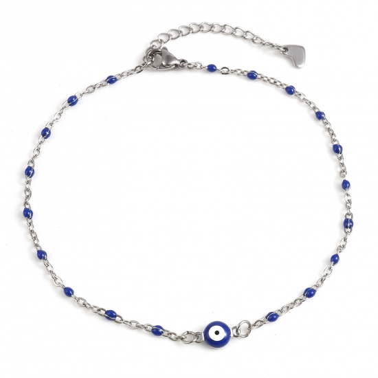 Picture of 304 Stainless Steel Religious Anklet Silver Tone Dark Blue Enamel Round Evil Eye 25cm(9 7/8") long, 1 Piece