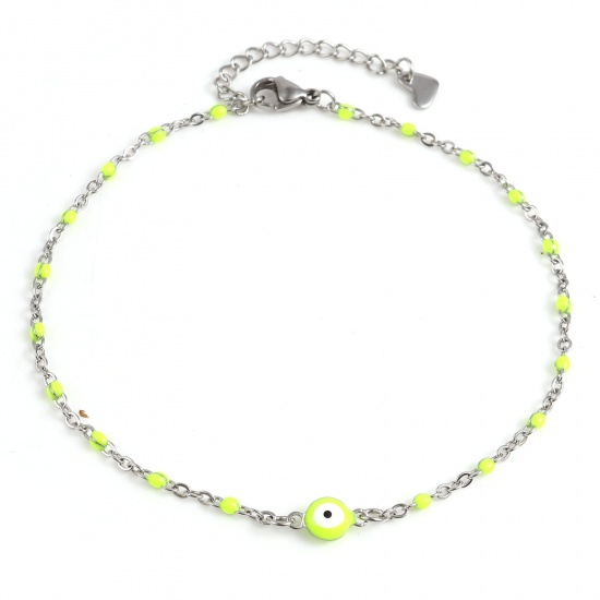 Picture of 304 Stainless Steel Religious Anklet Silver Tone Neon Yellow Enamel Round Evil Eye 25cm(9 7/8") long, 1 Piece