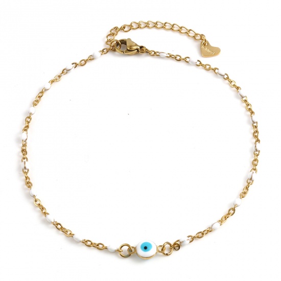 Picture of 304 Stainless Steel Religious Anklet Gold Plated White Enamel Round Evil Eye 25cm(9 7/8") long, 1 Piece