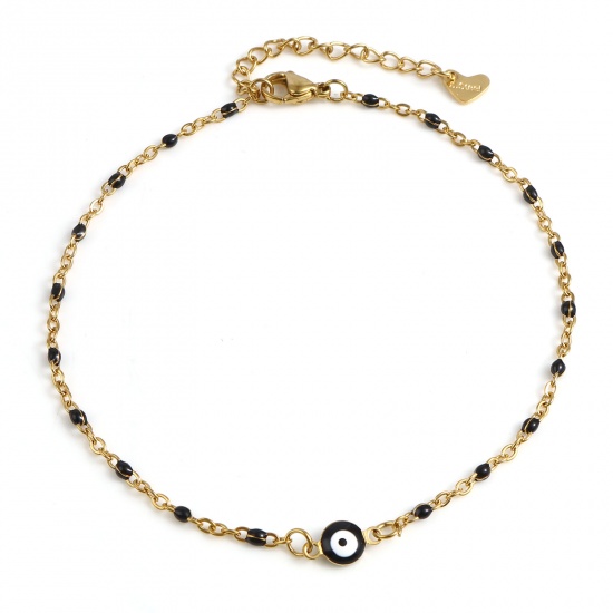 Picture of 304 Stainless Steel Religious Anklet Gold Plated Black Enamel Round Evil Eye 25cm(9 7/8") long, 1 Piece