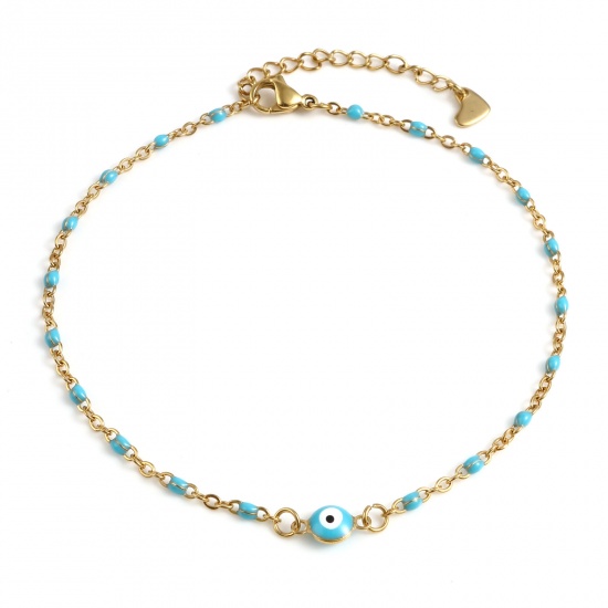 Picture of 304 Stainless Steel Religious Anklet Gold Plated Blue Enamel Round Evil Eye 25cm(9 7/8") long, 1 Piece