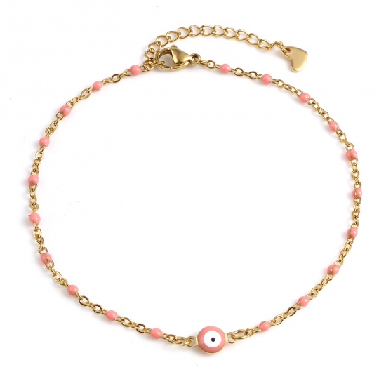 Picture of 304 Stainless Steel Religious Anklet Gold Plated Peach Pink Enamel Round Evil Eye 25cm(9 7/8") long, 1 Piece