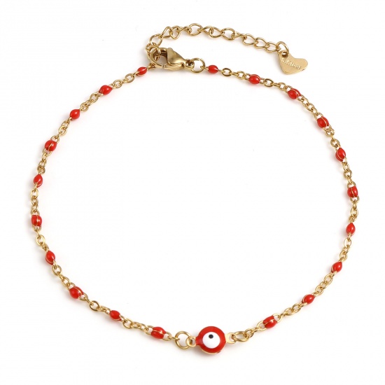 Picture of 304 Stainless Steel Religious Anklet Gold Plated Red Enamel Round Evil Eye 25cm(9 7/8") long, 1 Piece