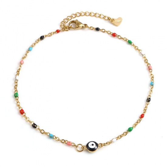 Picture of 304 Stainless Steel Religious Anklet Gold Plated Multicolor Enamel Round Evil Eye 25cm(9 7/8") long, 1 Piece