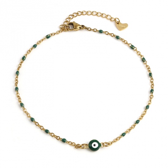 Picture of 304 Stainless Steel Religious Anklet Gold Plated Dark Green Enamel Round Evil Eye 25cm(9 7/8") long, 1 Piece