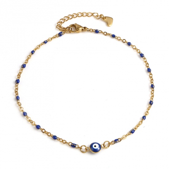 Picture of 304 Stainless Steel Religious Anklet Gold Plated Dark Blue Enamel Round Evil Eye 25cm(9 7/8") long, 1 Piece