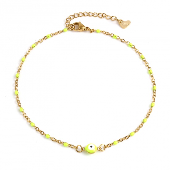 Picture of 304 Stainless Steel Religious Anklet Gold Plated Neon Yellow Enamel Round Evil Eye 25cm(9 7/8") long, 1 Piece