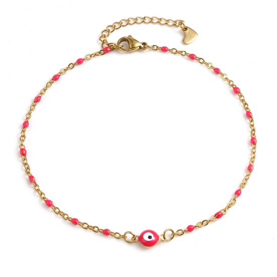 Picture of 304 Stainless Steel Religious Anklet Gold Plated Fuchsia Enamel Round Evil Eye 25cm(9 7/8") long, 1 Piece