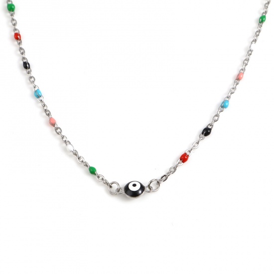 Picture of 304 Stainless Steel Religious Link Cable Chain Necklace For DIY Jewelry Making Round Evil Eye Silver Tone Multicolor Enamel 45.5cm - 45cm long, 1 Piece