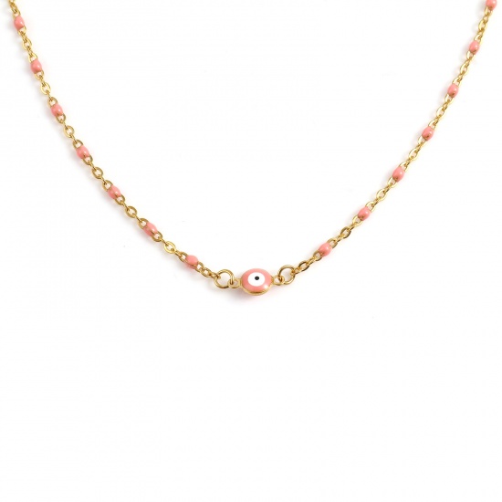 Picture of 304 Stainless Steel Religious Link Cable Chain Necklace For DIY Jewelry Making Round Evil Eye Gold Plated Peach Pink Enamel 45.5cm - 45cm long, 1 Piece