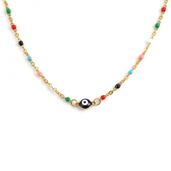 Picture of 304 Stainless Steel Religious Link Cable Chain Necklace For DIY Jewelry Making Round Evil Eye Gold Plated Multicolor Enamel 45.5cm - 45cm long, 1 Piece