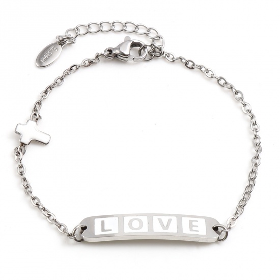 Picture of 304 Stainless Steel Valentine's Day Link Cable Chain Bracelets Silver Tone White Oval Cross Word Message " LOVE " Enamel 17cm(6 6/8")-16.5cm(6 4/8") long, 1 Piece