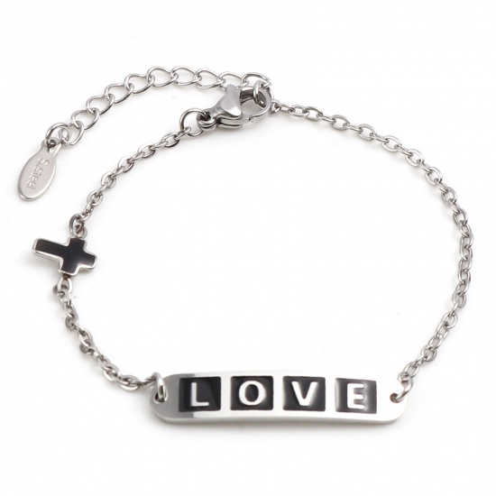 Picture of 304 Stainless Steel Valentine's Day Link Cable Chain Bracelets Silver Tone Black Oval Cross Word Message " LOVE " Enamel 17cm(6 6/8")-16.5cm(6 4/8") long, 1 Piece