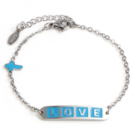 Picture of 304 Stainless Steel Valentine's Day Link Cable Chain Bracelets Silver Tone Blue Oval Cross Word Message " LOVE " Enamel 17cm(6 6/8")-16.5cm(6 4/8") long, 1 Piece