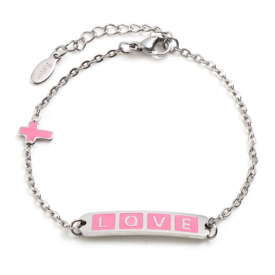Picture of 304 Stainless Steel Valentine's Day Link Cable Chain Bracelets Silver Tone Pink Oval Cross Word Message " LOVE " Enamel 17cm(6 6/8")-16.5cm(6 4/8") long, 1 Piece