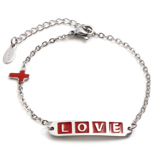 Picture of 304 Stainless Steel Valentine's Day Link Cable Chain Bracelets Silver Tone Red Oval Cross Word Message " LOVE " Enamel 17cm(6 6/8")-16.5cm(6 4/8") long, 1 Piece