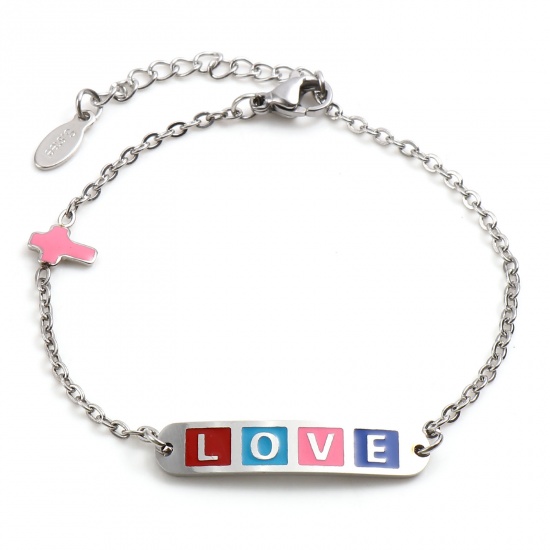 Picture of 304 Stainless Steel Valentine's Day Link Cable Chain Bracelets Silver Tone Multicolor Oval Cross Word Message " LOVE " Enamel 17cm(6 6/8")-16.5cm(6 4/8") long, 1 Piece