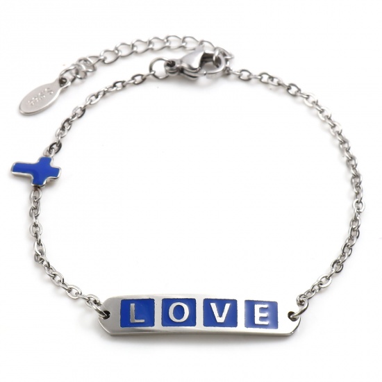 Picture of 304 Stainless Steel Valentine's Day Link Cable Chain Bracelets Silver Tone Dark Blue Oval Cross Word Message " LOVE " Enamel 17cm(6 6/8")-16.5cm(6 4/8") long, 1 Piece