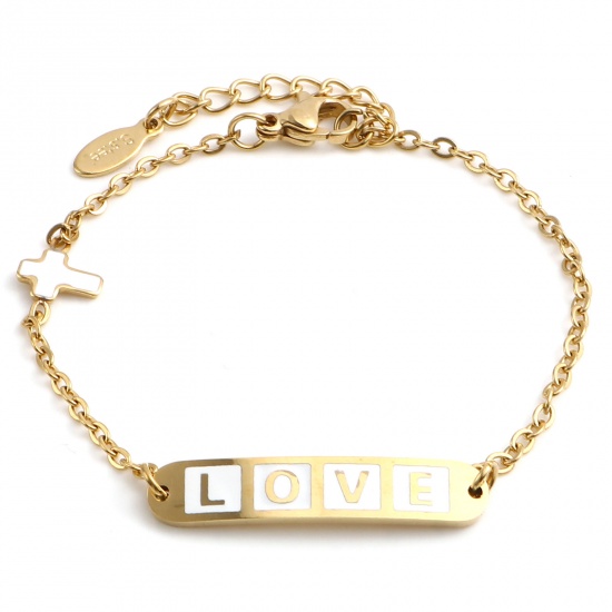 Picture of 1 Piece Vacuum Plating 304 Stainless Steel Valentine's Day Link Cable Chain Bracelets Gold Plated White Oval Cross Word Message " LOVE " Enamel 17cm(6 6/8")-16.5cm(6 4/8") long