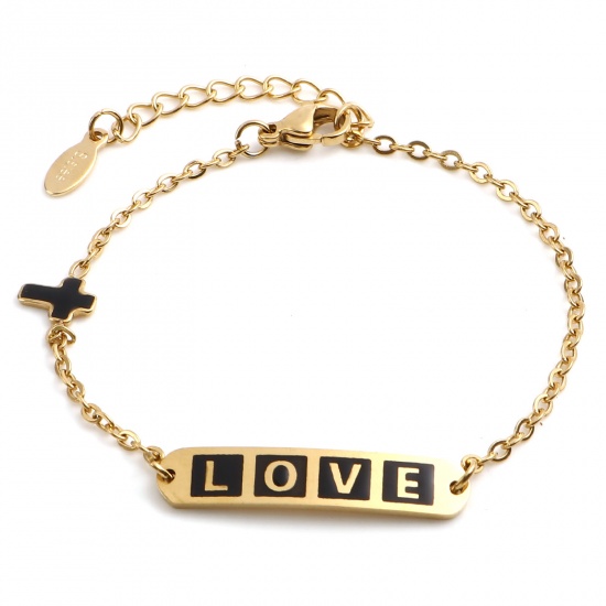 Picture of 1 Piece Vacuum Plating 304 Stainless Steel Valentine's Day Link Cable Chain Bracelets Gold Plated Black Oval Cross Word Message " LOVE " Enamel 17cm(6 6/8")-16.5cm(6 4/8") long