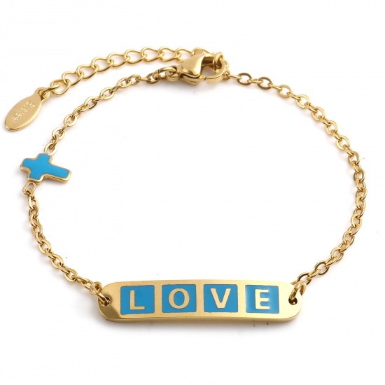 Picture of 304 Stainless Steel Valentine's Day Link Cable Chain Bracelets Gold Plated Blue Oval Cross Word Message " LOVE " Enamel 17cm(6 6/8")-16.5cm(6 4/8") long, 1 Piece