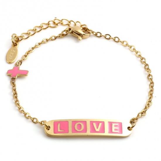 Picture of 1 Piece Vacuum Plating 304 Stainless Steel Valentine's Day Link Cable Chain Bracelets Gold Plated Pink Oval Cross Word Message " LOVE " Enamel 17cm(6 6/8")-16.5cm(6 4/8") long