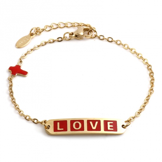Picture of 1 Piece Vacuum Plating 304 Stainless Steel Valentine's Day Link Cable Chain Bracelets Gold Plated Red Oval Cross Word Message " LOVE " Enamel 17cm(6 6/8")-16.5cm(6 4/8") long